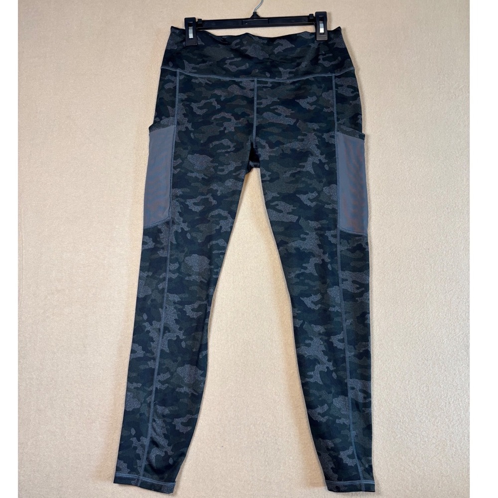 Fabletics Camo Leggings Womens XL Green Grey Mesh Pocket High Waisted Yoga Pants